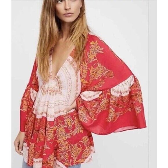 FREE PEOPLE Women Sz S Sunset Dreams Printed Red Tunic Ruffle Top - Picture 10 of 14
